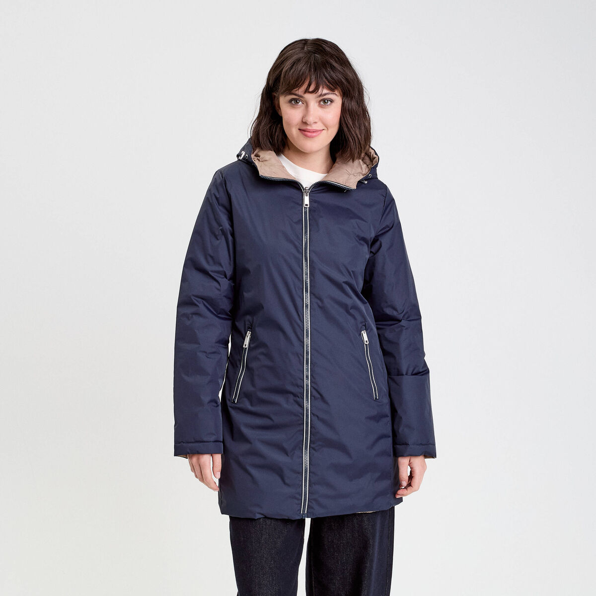 Parka &agrave; capuche r&eacute;versible bleu marine femme