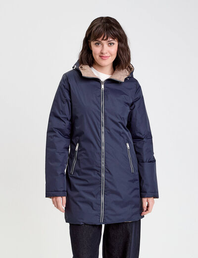 Parka à capuche réversible bleu marine femme