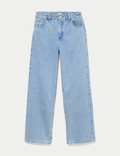 Jean wide leg broderie taille haute bleu femme