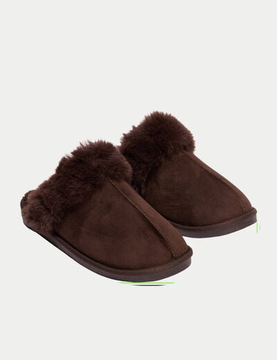 Chaussons fausse fourrure marron fonc&eacute; femme