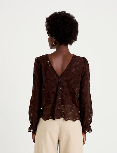 Blouse en dentelle d&eacute;collet&eacute; dos marron fonc&eacute; femme