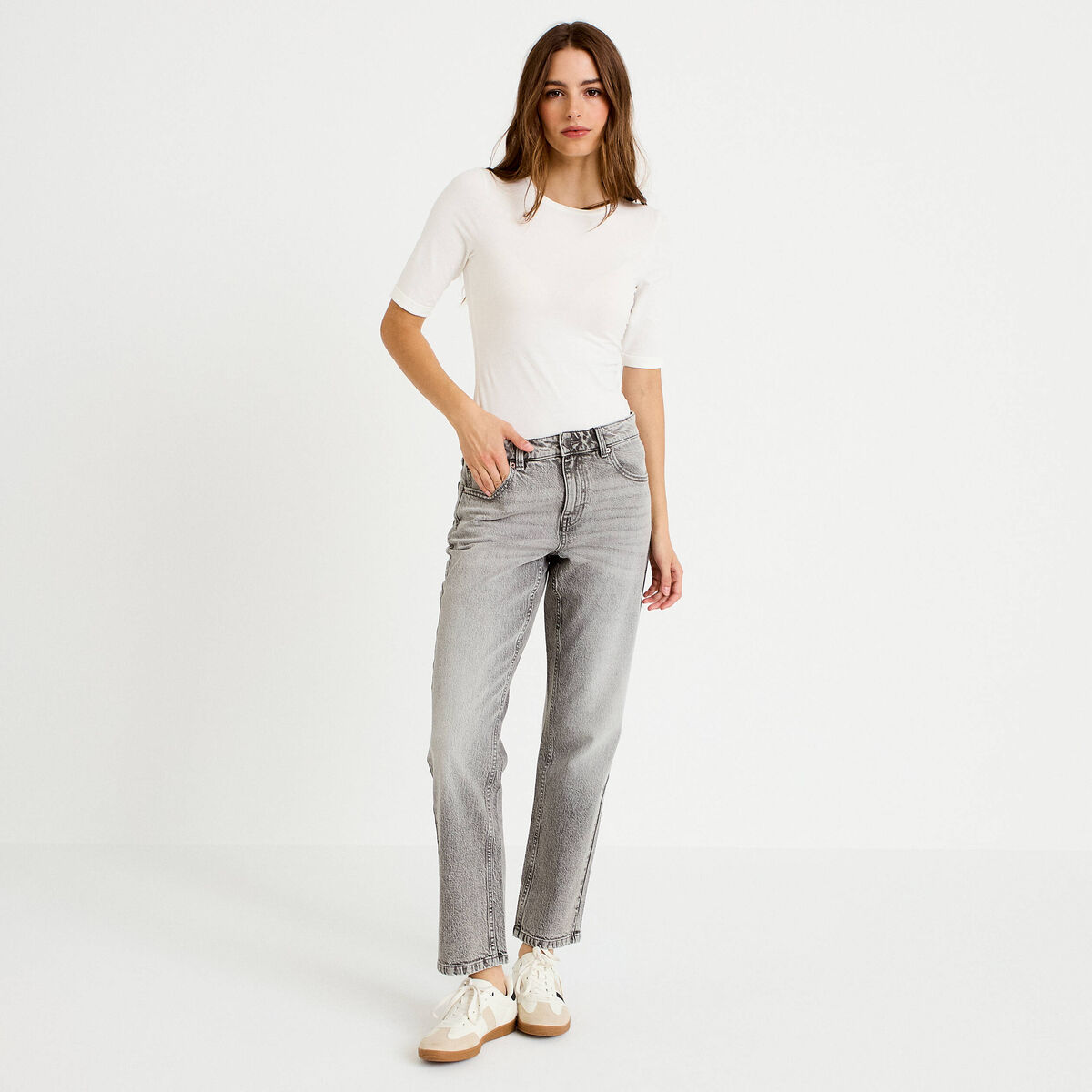 Jean droit taille standard denim gris femme