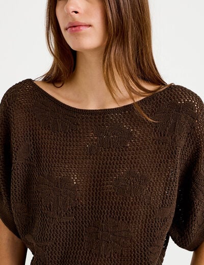 Pull ajour&eacute; col bateau manches courtes marron fonc&eacute; femme
