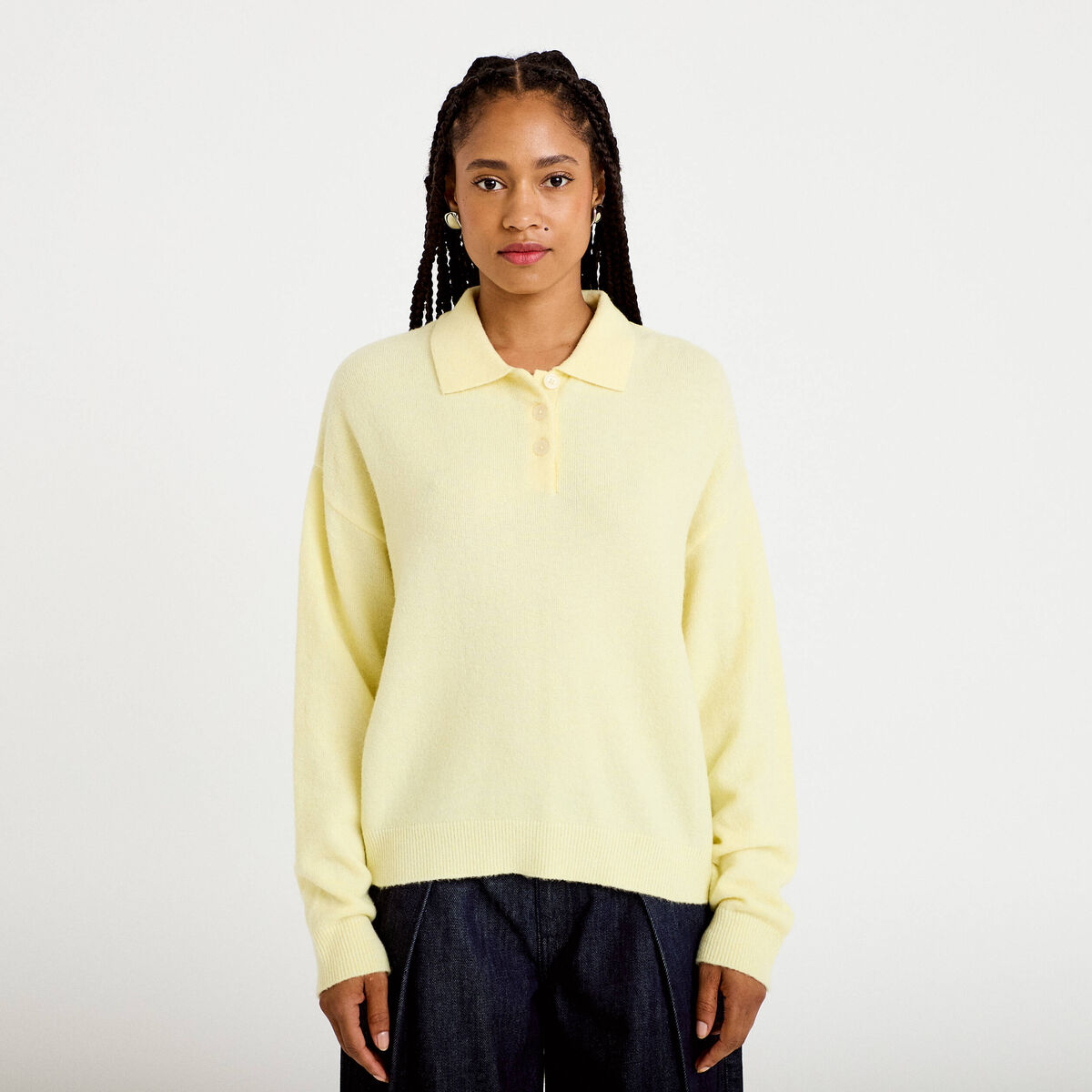 Pull col chemise manches longues jaune clair femme