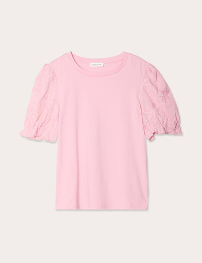 T-shirt manches brodées rose poudrée femme