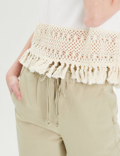 T-shirt franges crochet ecru femme