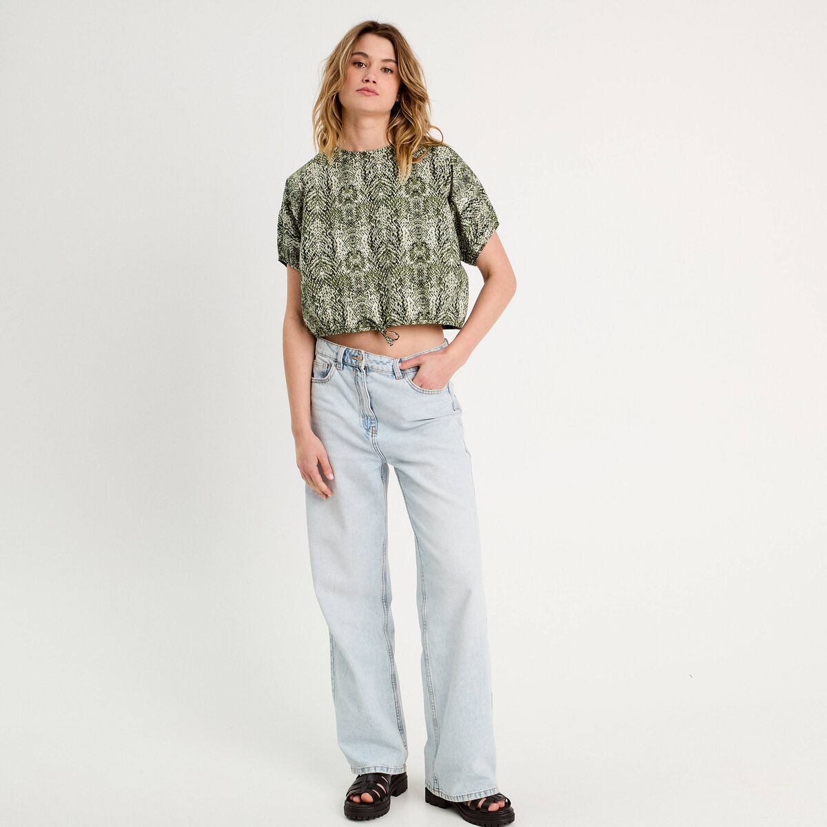 Blouse noeud manches courtes vert kaki femme