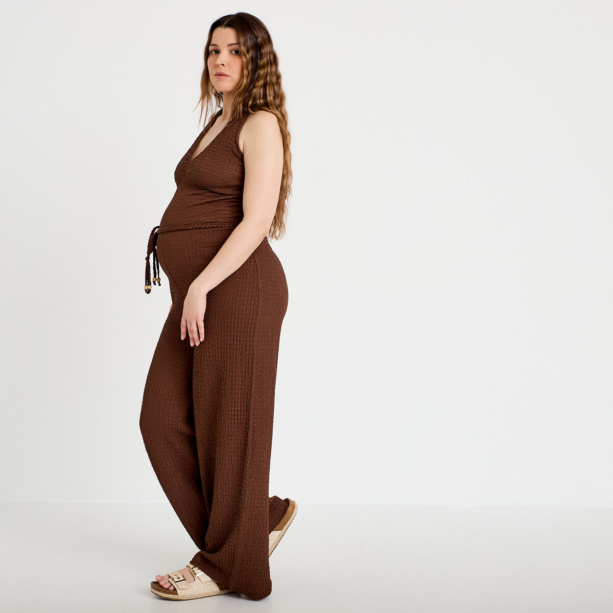 Combinaison large sans manches col v marron femme
