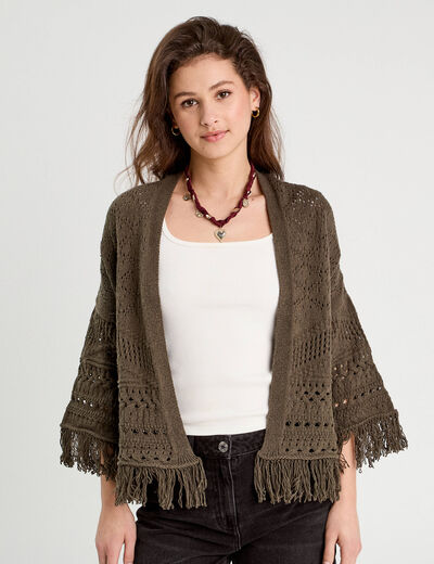 Gilet ajouré avec franges vert kaki femme