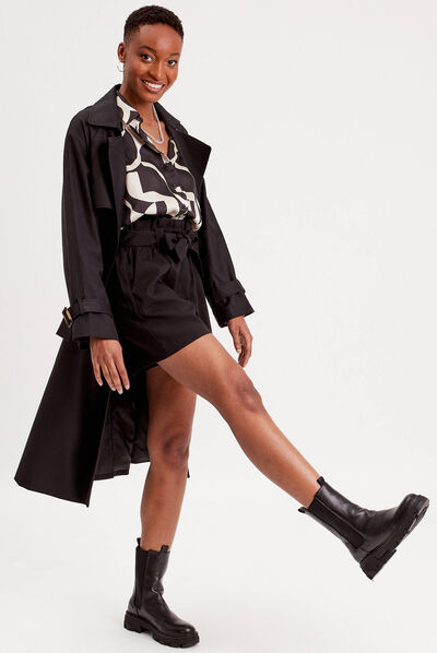 Trench long cintré ceinturé noir femme