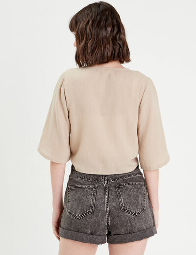 Blouse manches 3/4 nouée beige femme