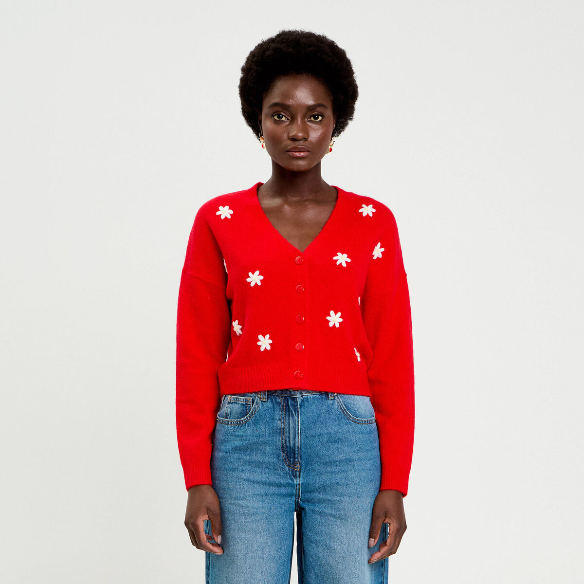 Gilet avec fleurs brod&eacute;es rouge femme