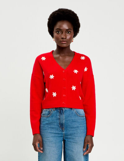 Gilet avec fleurs brod&eacute;es rouge femme