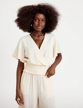 Blouse smock&eacute;e manches courtes ecru femme