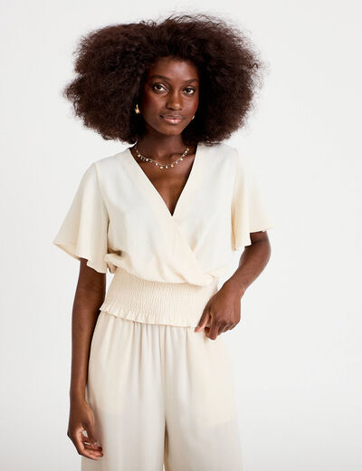 Blouse smock&eacute;e manches courtes ecru femme