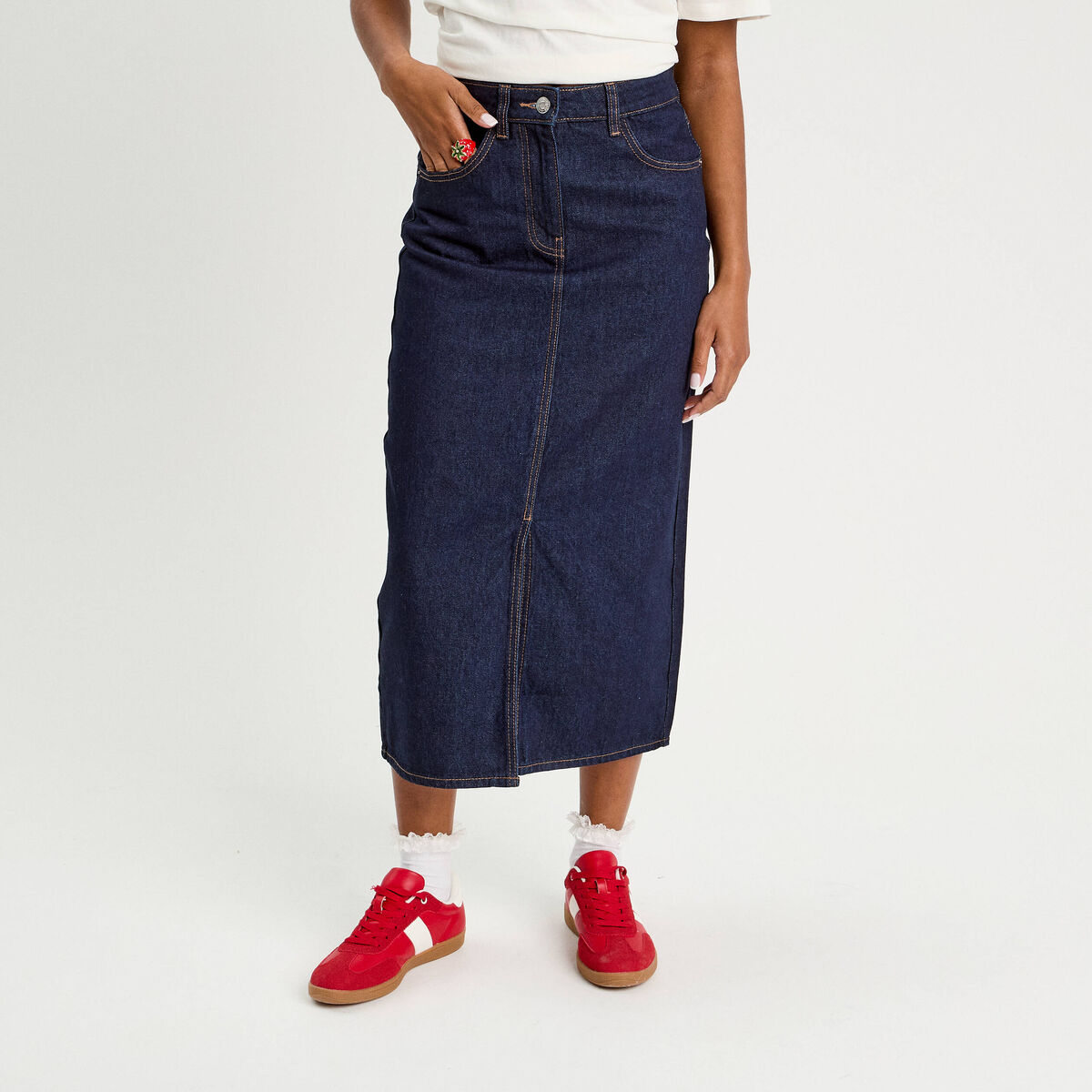 Jupe midi droite en jean denim brut femme