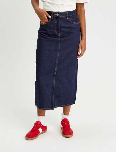 Jupe midi droite en jean denim brut femme