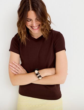 T-shirt c&ocirc;tel&eacute; ajust&eacute; manches courtes marron fonc&eacute; femme