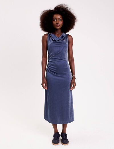 Robe longue fils m&eacute;tallis&eacute;s bleu fonc&eacute; femme