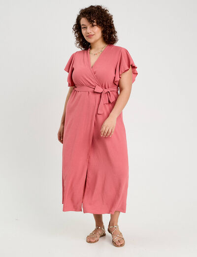 Robe longue évasée cache-coeur vieux rose femme