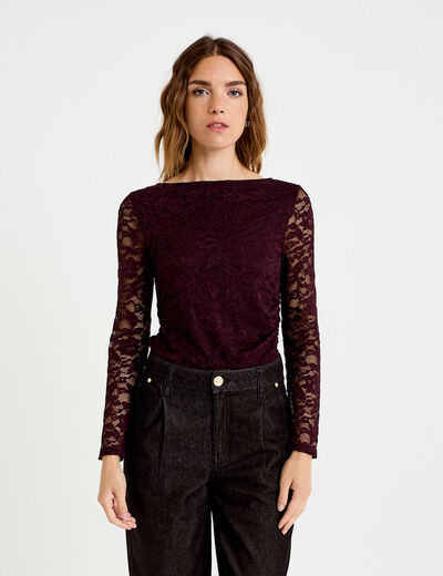 Body ajust&eacute; dentelle col bateau violet fonc&eacute; femme