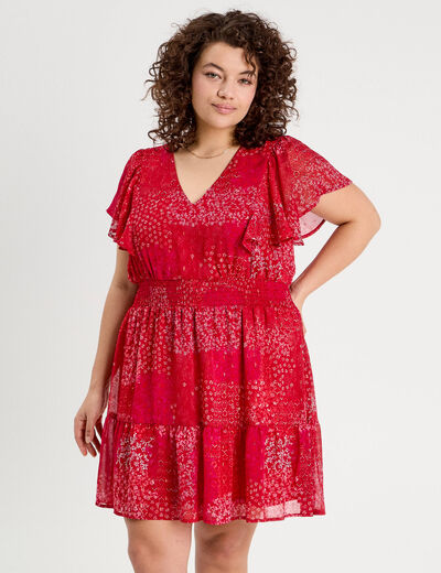 Robe évasée taille smockée rouge femme