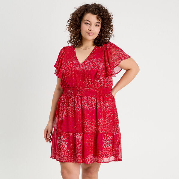 Robe évasée taille smockée rouge femme
