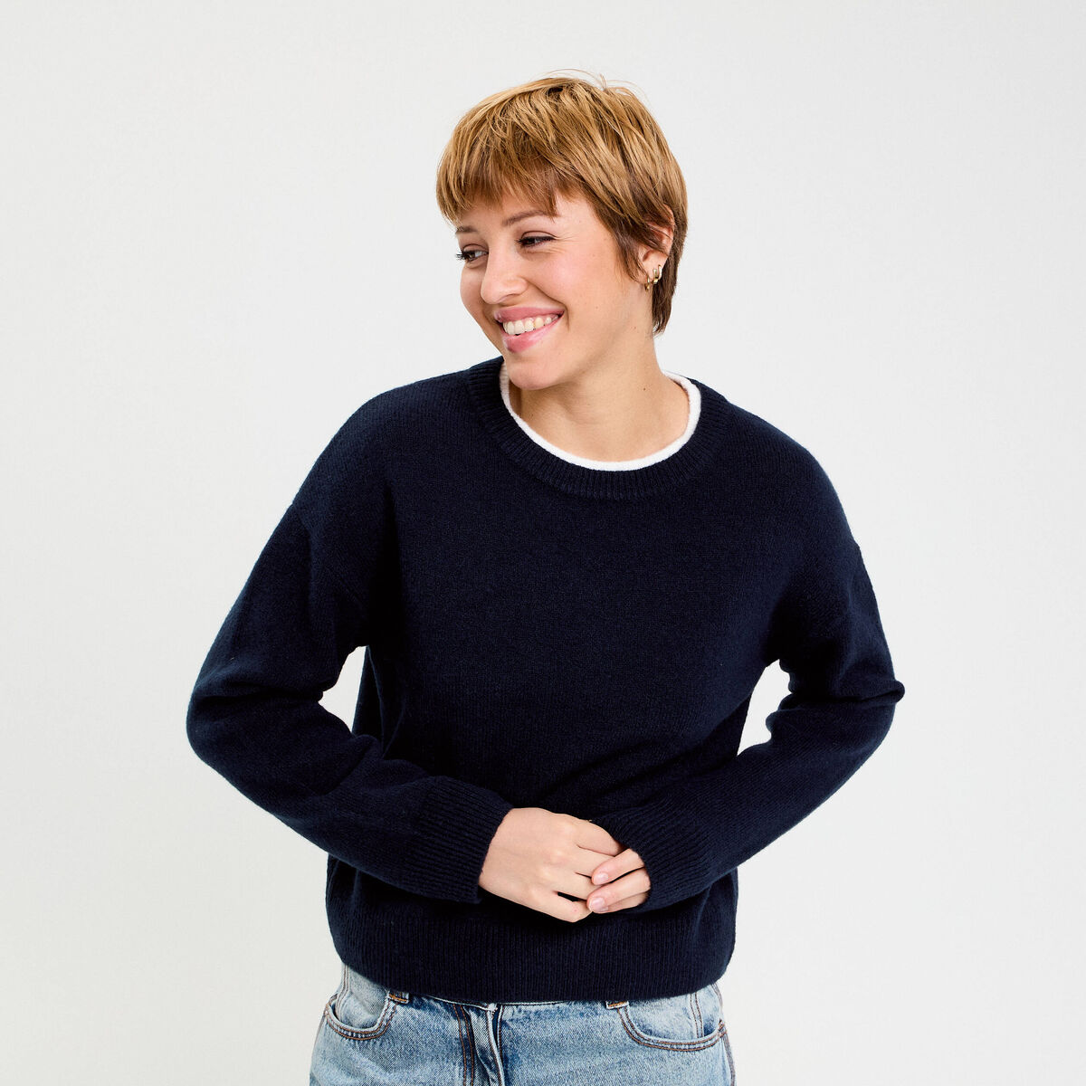 Pull col rond manches longues bleu marine femme