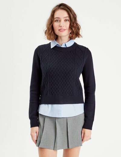 Pull 2-en-1 chemise bleu marine femme