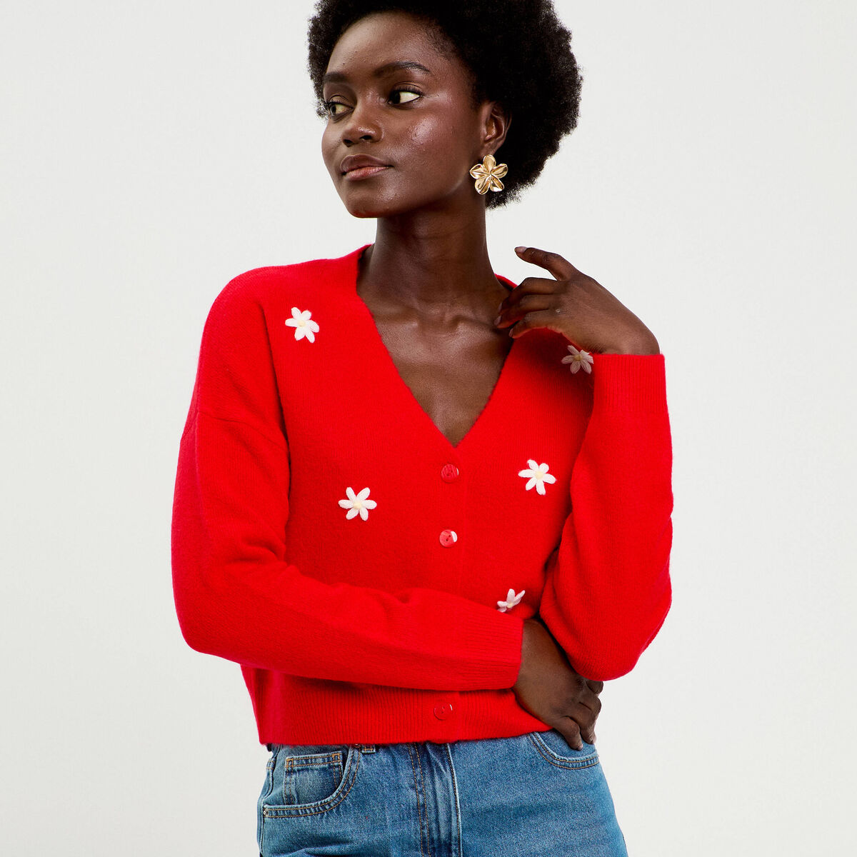 Gilet avec fleurs brod&eacute;es rouge femme