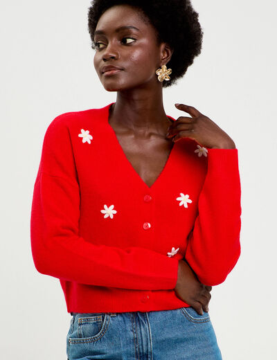 Gilet avec fleurs brod&eacute;es rouge femme