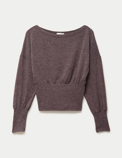 Pull col bateau manches longues marron fonc&eacute; femme