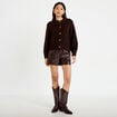 Gilet bouclette col rond manches longues marron fonc&eacute; femme