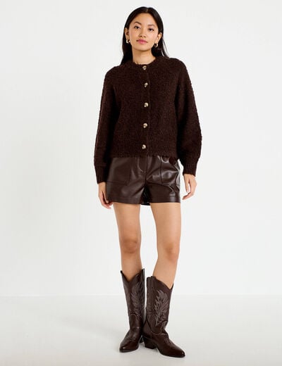 Gilet bouclette col rond manches longues marron fonc&eacute; femme