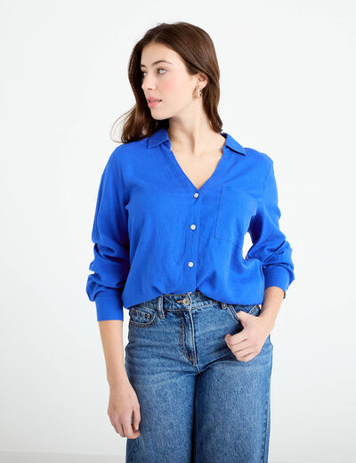 Chemise lin col V manches longues bleu electrique femme
