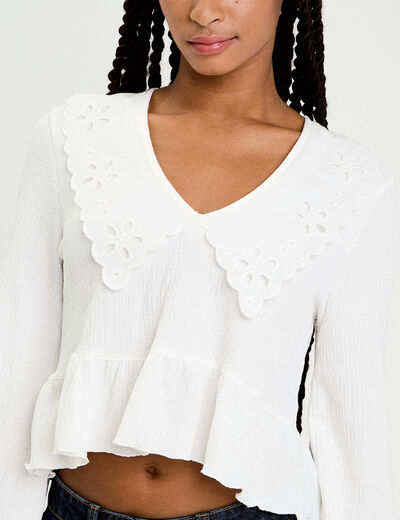 Blouse cropped grand col brod&eacute; ecru femme