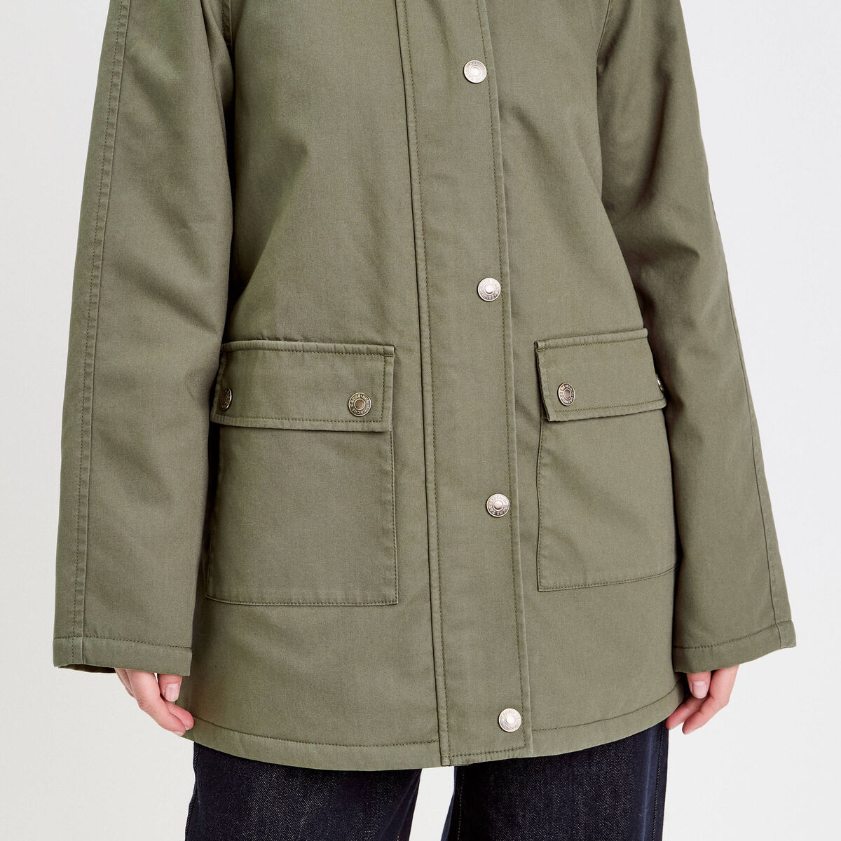 Veste droite mi-longue en coton vert kaki femme