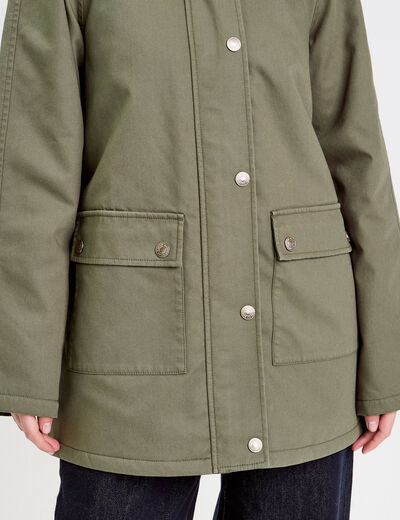 Veste droite mi-longue en coton vert kaki femme