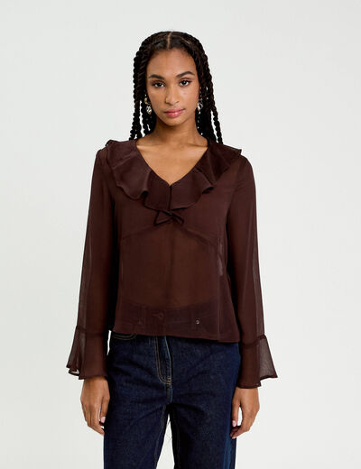 Blouse col V marron fonc&eacute; femme