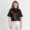 T-shirt sequins col montant noir femme