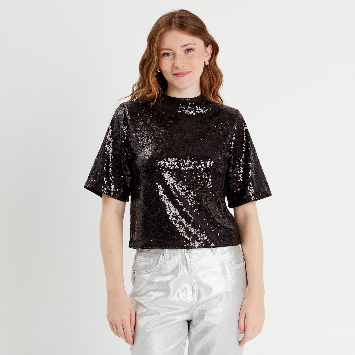 T-shirt sequins col montant noir femme