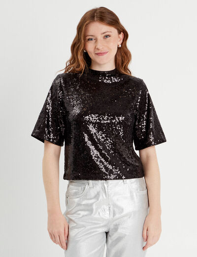 T-shirt sequins col montant noir femme