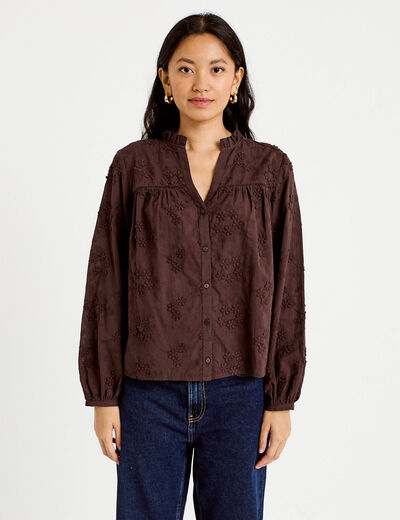 Blouse droite col rond manches longues marron fonc&eacute; femme