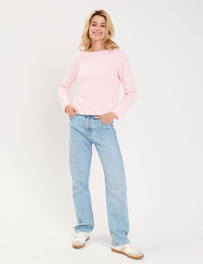 Pull d&eacute;collet&eacute; dos avec noeuds rose clair femme