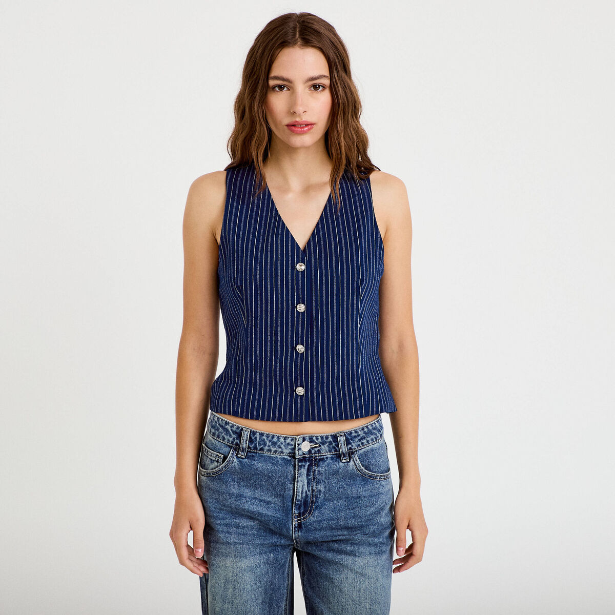 Gilet ajust&eacute; sans manches col rond bleu femme