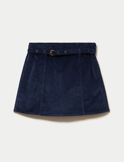 Jupe-short &eacute;vas&eacute;e velours ceinture bleu marine femme