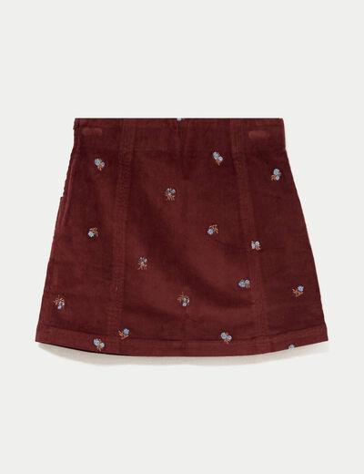Jupe courte trap&egrave;ze en velours brod&eacute; marron femme