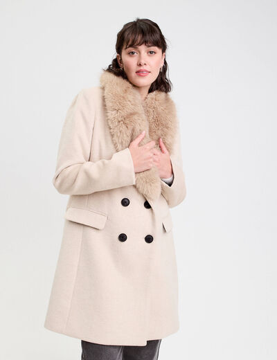 Manteau col fausse fourrure beige femme