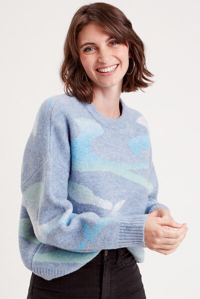 Pull manches longues col rond bleu pastel femme
