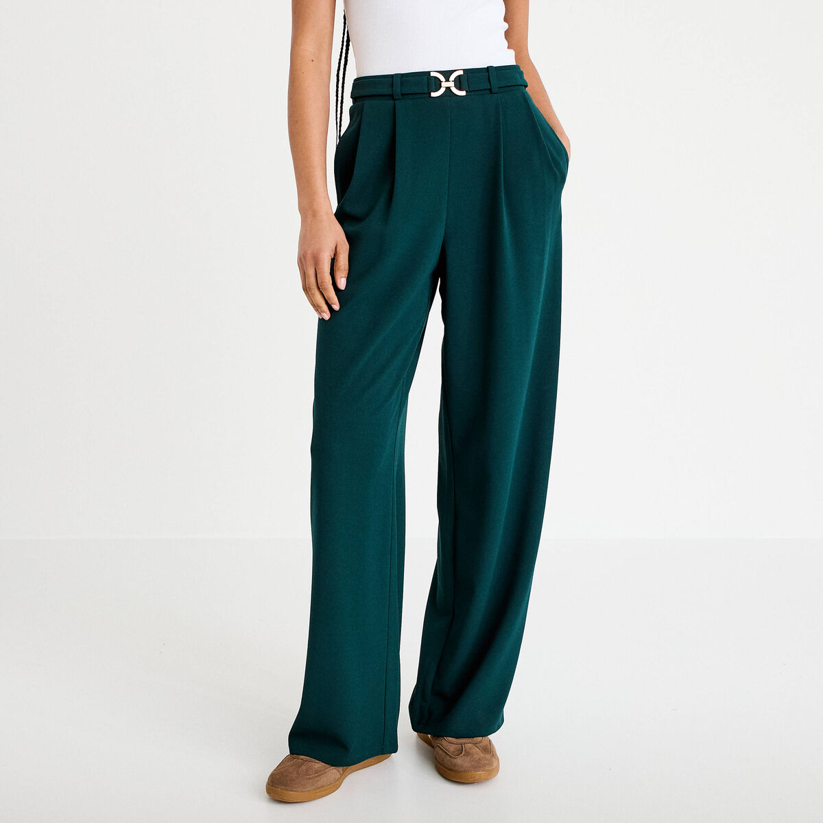 Pantalon large ceinture bijou vert fonc&eacute; femme